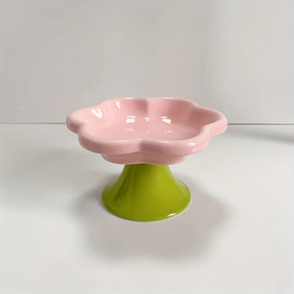 Elevated Ceramic Cat Bowl Flower Design Food Bowl High Water Plate Snack Dish with Stand for Neck Protection and Whisker Fatigue Prevention