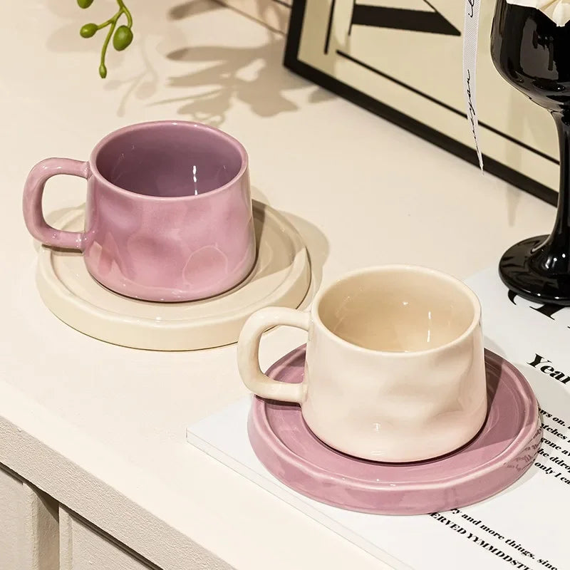Handmade Aesthetic Ceramic Mugs Cute Coffee Cups and Saucers Creative Colorful Nordic Scandi Danish Breakfast Mug Girl Gift Coffee Cup Set