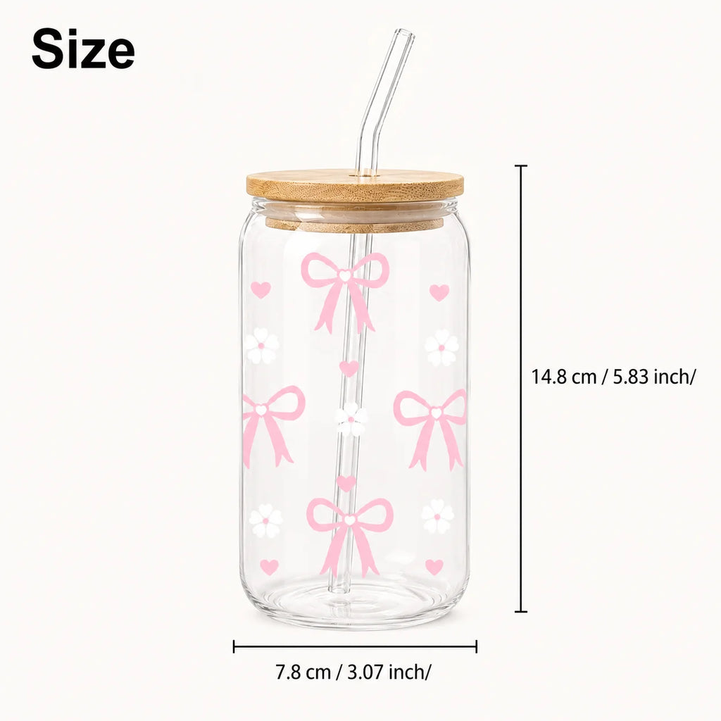Cute and Cozy Pink Bow Glass Tumbler with Bamboo Lid & Glass Straw, Reusable Iced Coffee and Matcha Cup for Women, Suitable for Home Office Picnic
