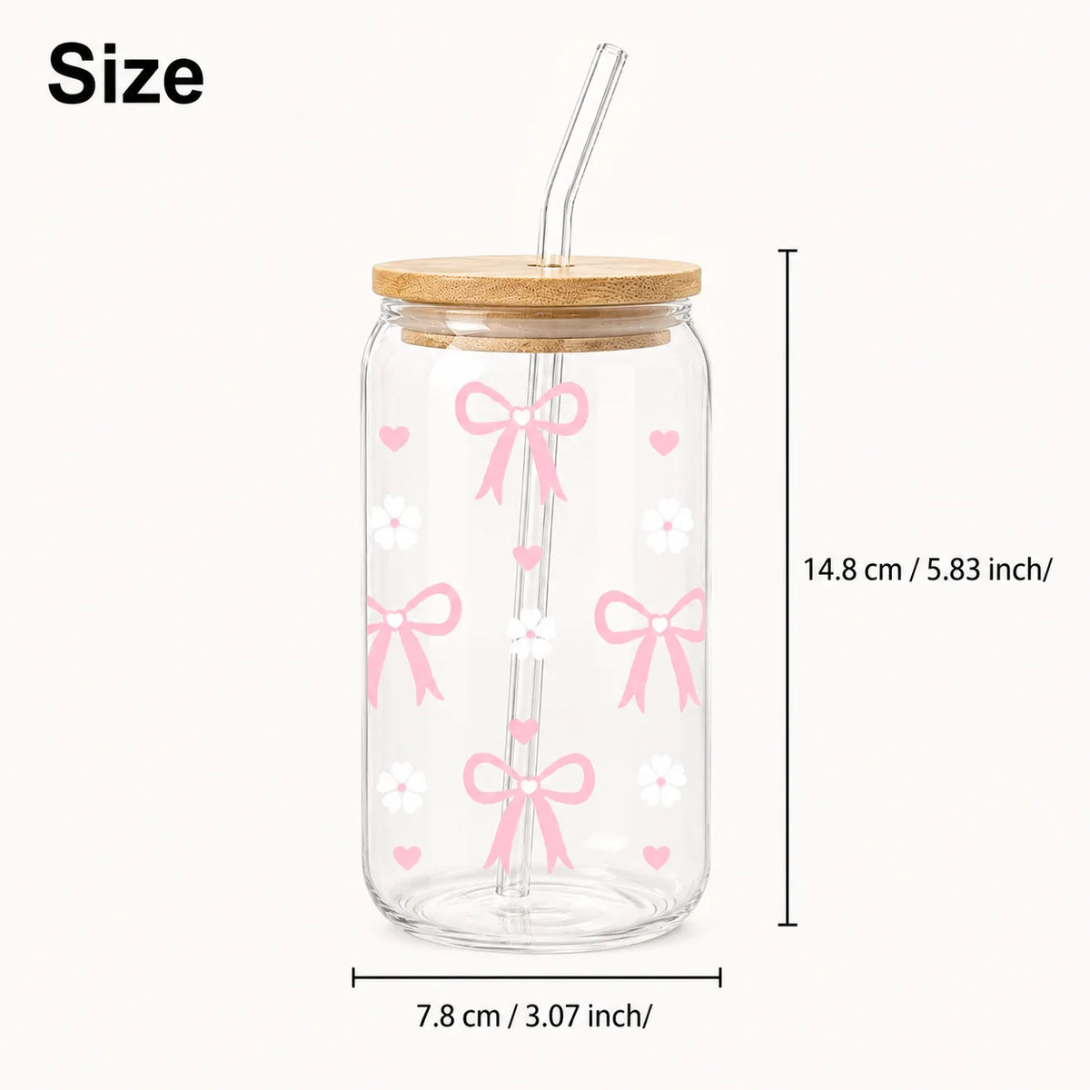 Cute and Cozy Pink Bow Glass Tumbler with Bamboo Lid & Glass Straw, Reusable Iced Coffee and Matcha Cup for Women, Suitable for Home Office Picnic