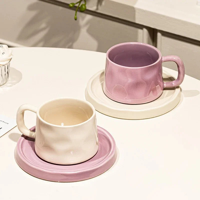 Handmade Aesthetic Ceramic Mugs Cute Coffee Cups and Saucers Creative Colorful Nordic Scandi Danish Breakfast Mug Girl Gift Coffee Cup Set