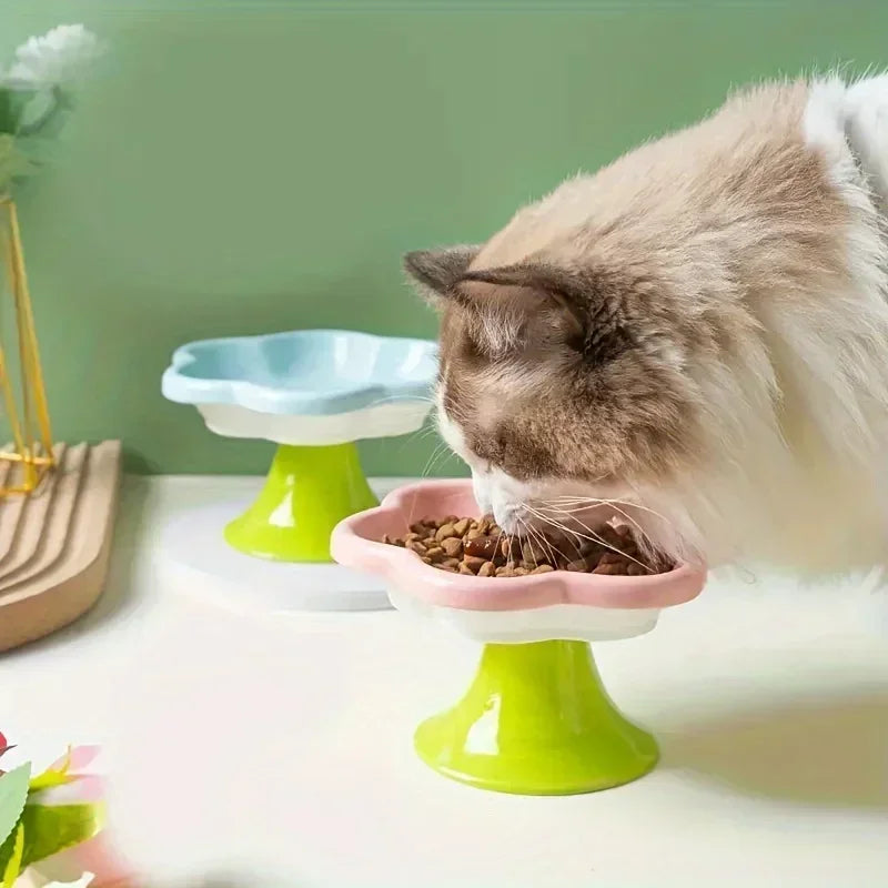 Elevated Ceramic Cat Bowl Flower Design Food Bowl High Water Plate Snack Dish with Stand for Neck Protection and Whisker Fatigue Prevention