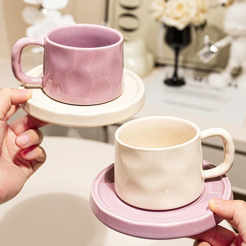 Handmade Aesthetic Ceramic Mugs Cute Coffee Cups and Saucers Creative Colorful Nordic Scandi Danish Breakfast Mug Girl Gift Coffee Cup Set