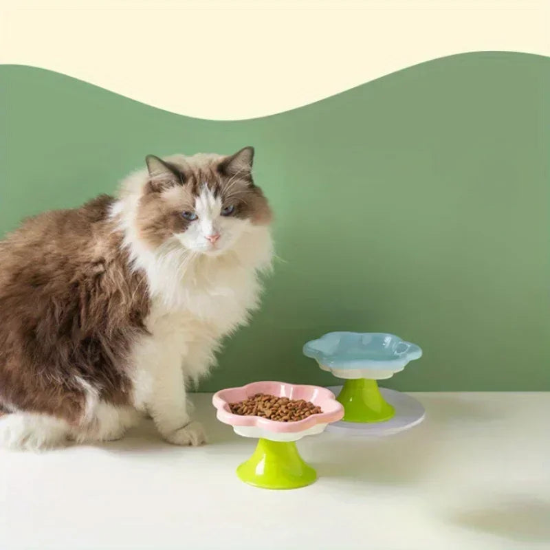 Elevated Ceramic Cat Bowl Flower Design Food Bowl High Water Plate Snack Dish with Stand for Neck Protection and Whisker Fatigue Prevention
