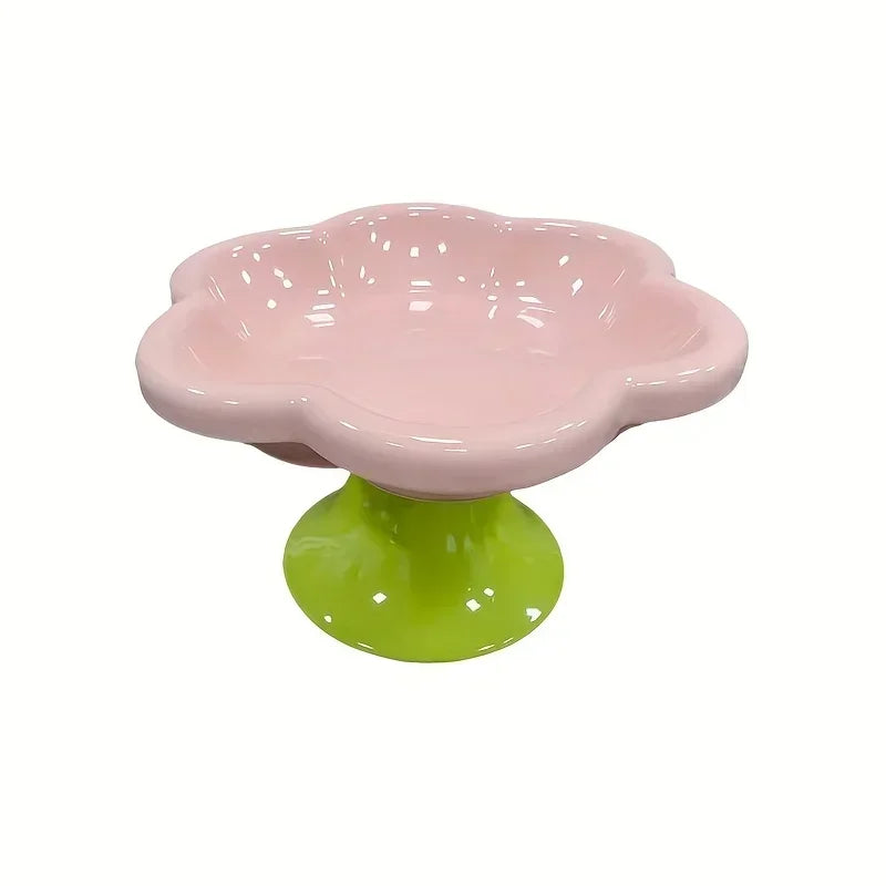 Elevated Ceramic Cat Bowl Flower Design Food Bowl High Water Plate Snack Dish with Stand for Neck Protection and Whisker Fatigue Prevention