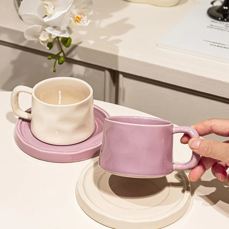 Handmade Aesthetic Ceramic Mugs Cute Coffee Cups and Saucers Creative Colorful Nordic Scandi Danish Breakfast Mug Girl Gift Coffee Cup Set