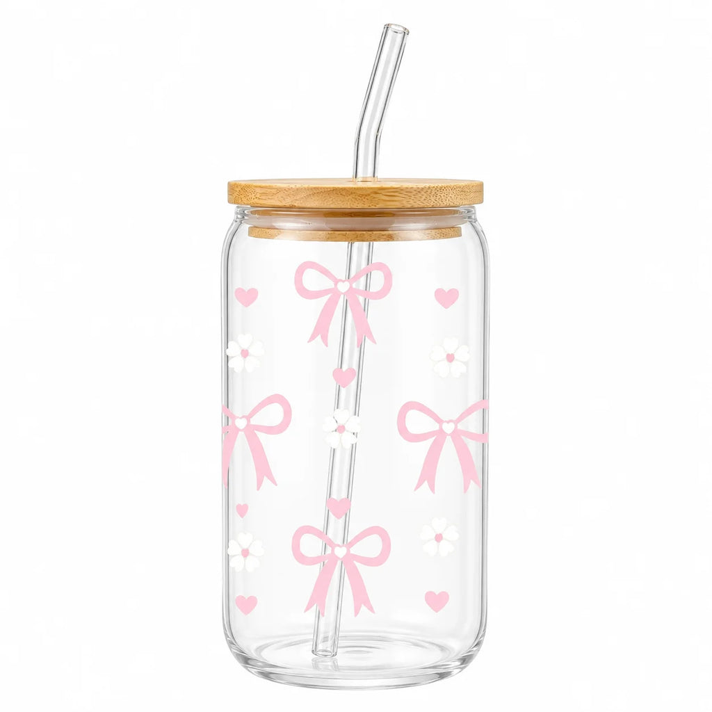 Cute and Cozy Pink Bow Glass Tumbler with Bamboo Lid & Glass Straw, Reusable Iced Coffee and Matcha Cup for Women, Suitable for Home Office Picnic