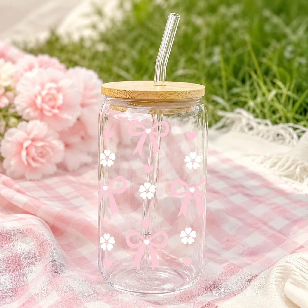 Cute and Cozy Pink Bow Glass Tumbler with Bamboo Lid & Glass Straw, Reusable Iced Coffee and Matcha Cup for Women, Suitable for Home Office Picnic