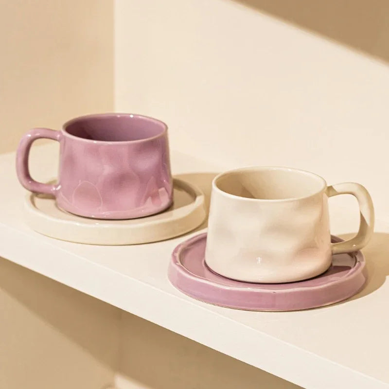 Handmade Aesthetic Ceramic Mugs Cute Coffee Cups and Saucers Creative Colorful Nordic Scandi Danish Breakfast Mug Girl Gift Coffee Cup Set