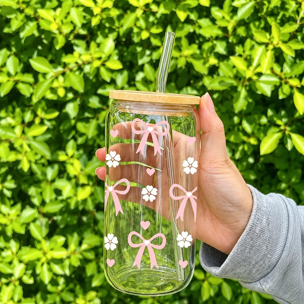 Cute and Cozy Pink Bow Glass Tumbler with Bamboo Lid & Glass Straw, Reusable Iced Coffee and Matcha Cup for Women, Suitable for Home Office Picnic