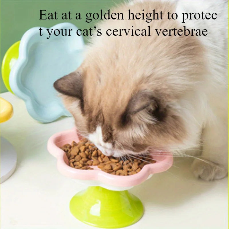 Elevated Ceramic Cat Bowl Flower Design Food Bowl High Water Plate Snack Dish with Stand for Neck Protection and Whisker Fatigue Prevention