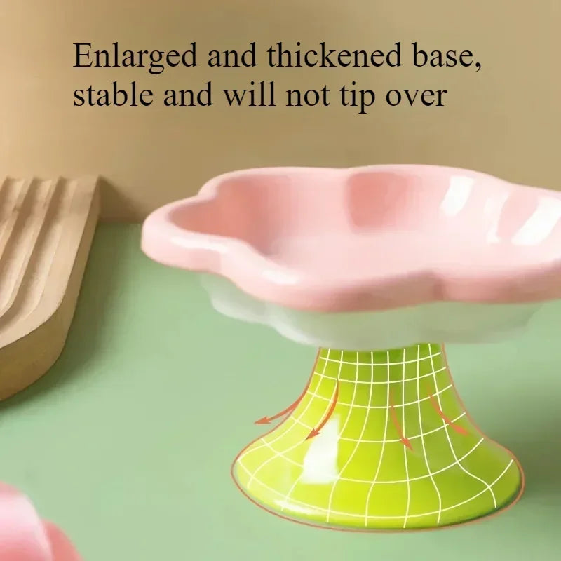 Elevated Ceramic Cat Bowl Flower Design Food Bowl High Water Plate Snack Dish with Stand for Neck Protection and Whisker Fatigue Prevention