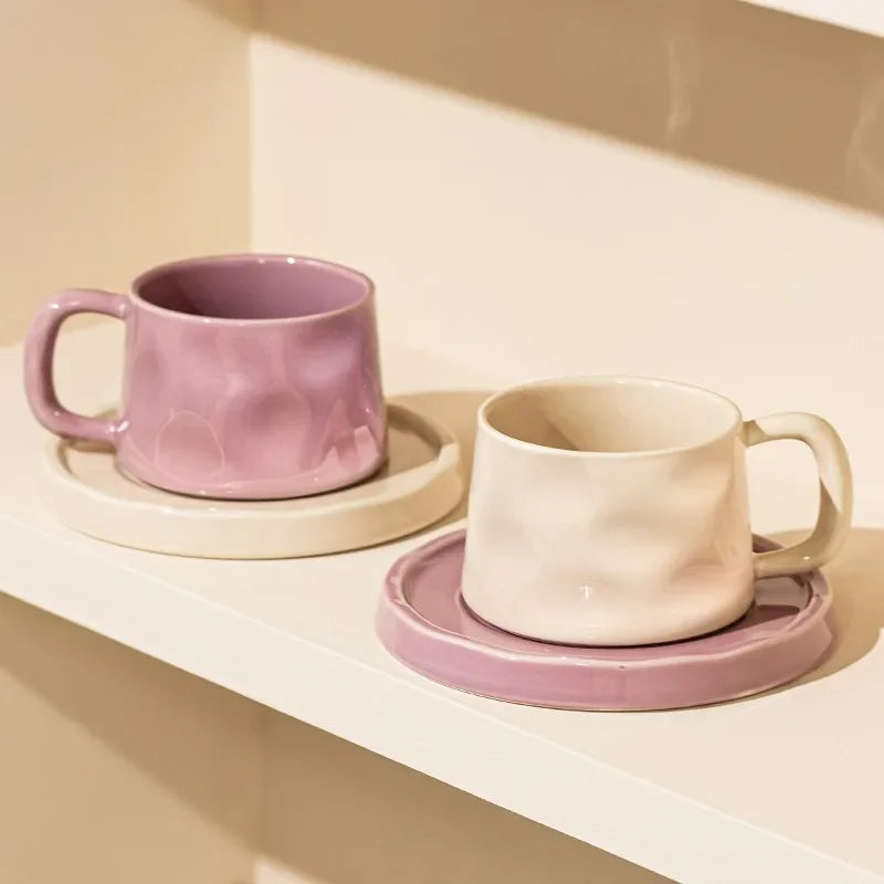 Handmade Aesthetic Ceramic Mugs Cute Coffee Cups and Saucers Creative Colorful Nordic Scandi Danish Breakfast Mug Girl Gift Coffee Cup Set