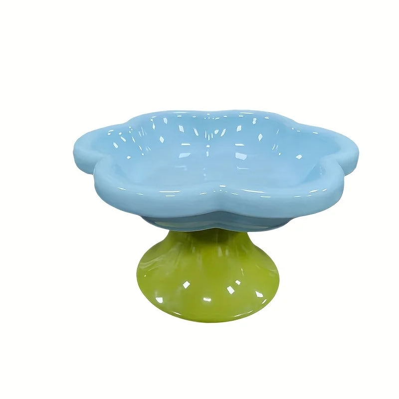 Elevated Ceramic Cat Bowl Flower Design Food Bowl High Water Plate Snack Dish with Stand for Neck Protection and Whisker Fatigue Prevention