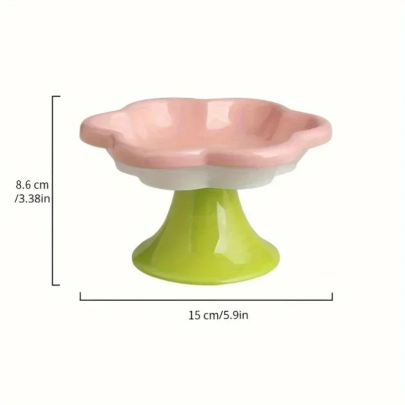 Elevated Ceramic Cat Bowl Flower Design Food Bowl High Water Plate Snack Dish with Stand for Neck Protection and Whisker Fatigue Prevention