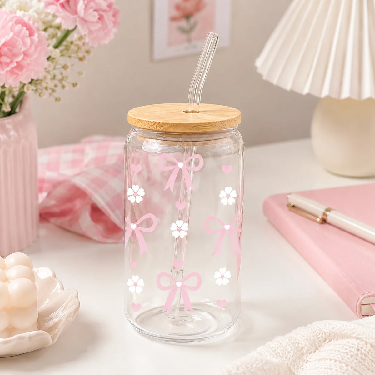 Cute and Cozy Pink Bow Glass Tumbler with Bamboo Lid & Glass Straw, Reusable Iced Coffee and Matcha Cup for Women, Suitable for Home Office Picnic