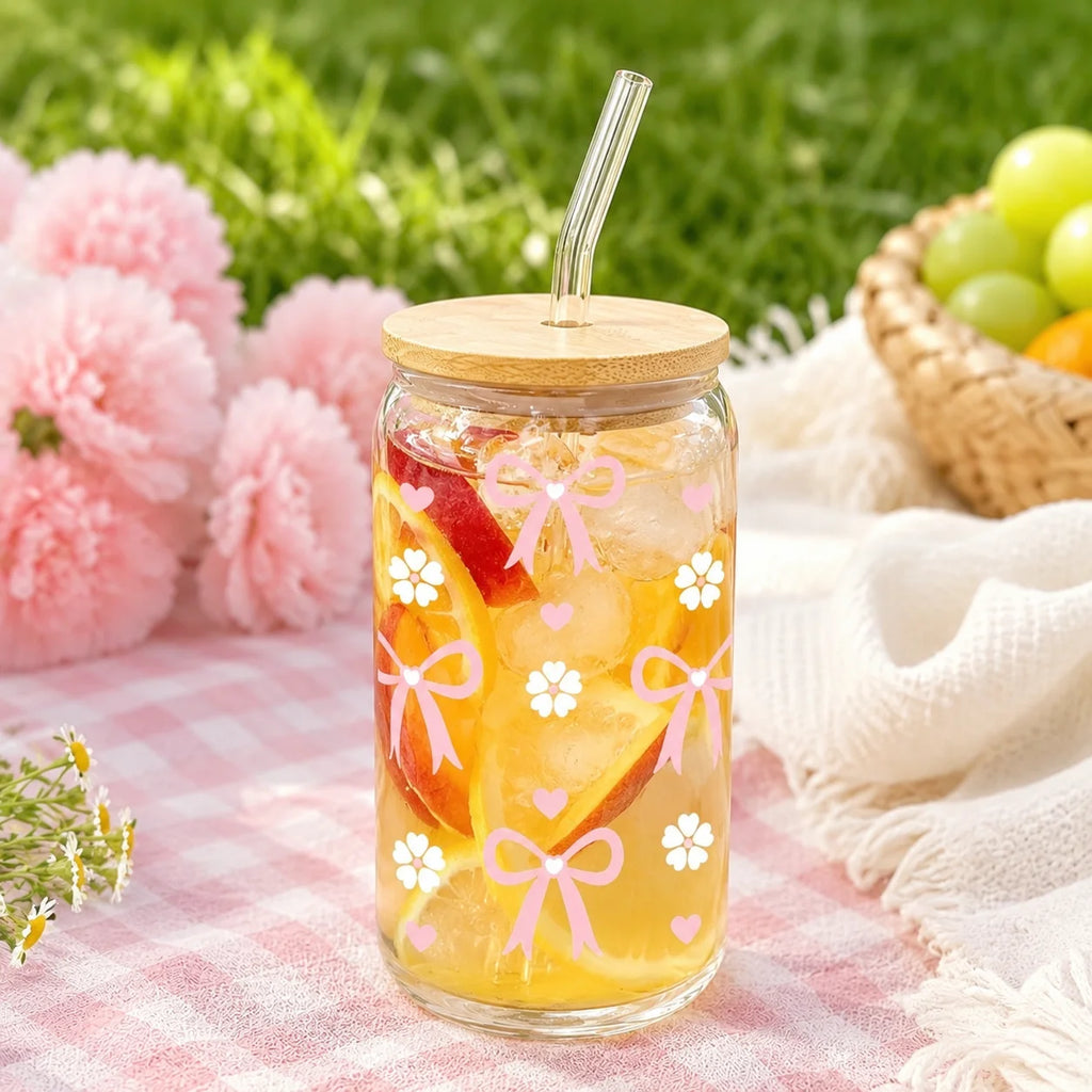 Cute and Cozy Pink Bow Glass Tumbler with Bamboo Lid & Glass Straw, Reusable Iced Coffee and Matcha Cup for Women, Suitable for Home Office Picnic